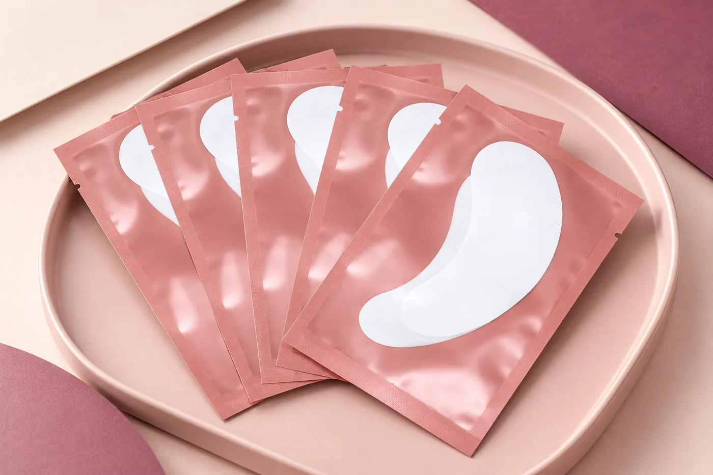 Pink under-eye-pad sachets arranged in a separated fan