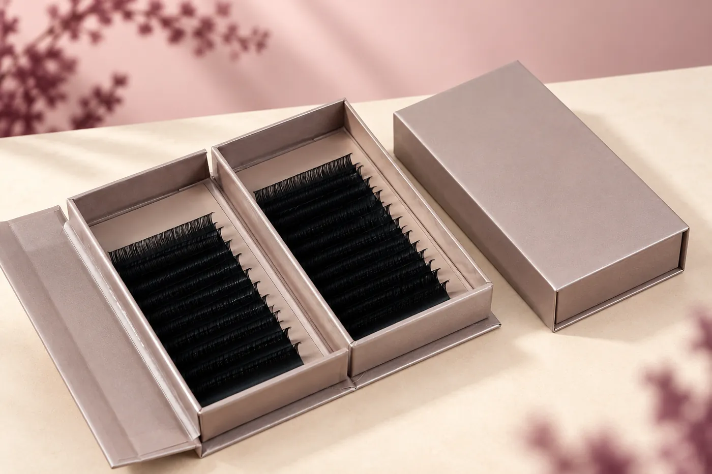 Open taupe lash carton beside a separate plain closed outer carton