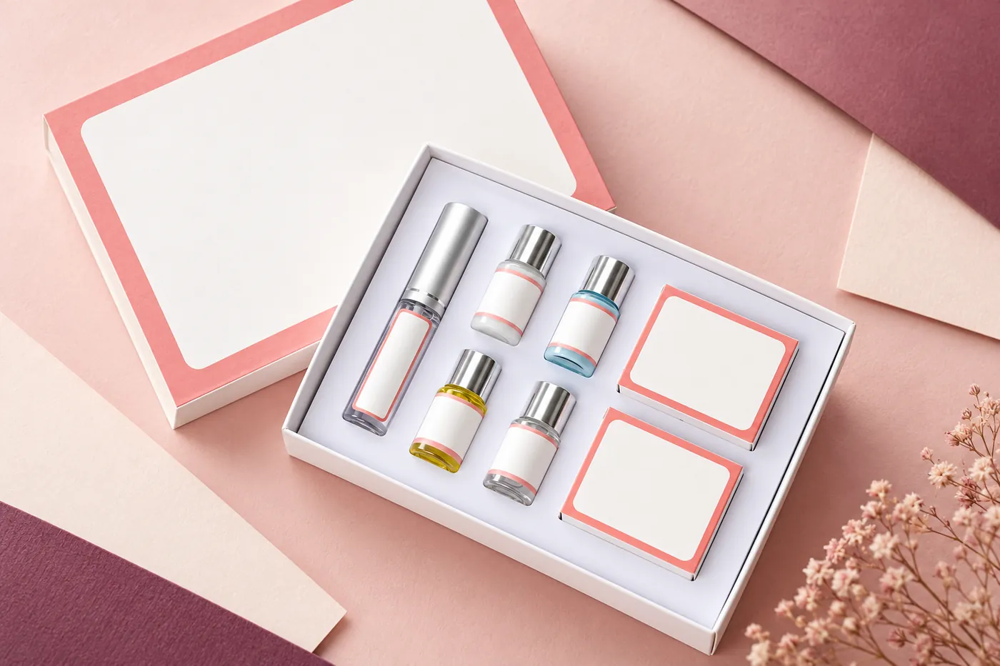 Top view of a kit tray containing closed bottles and two small accessory cartons