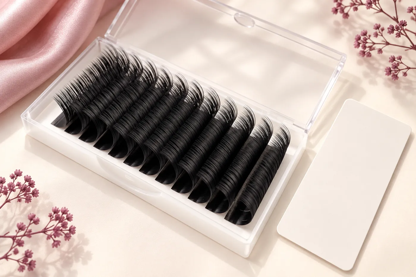 Open easy-fan lash tray beside a blank variant reference card