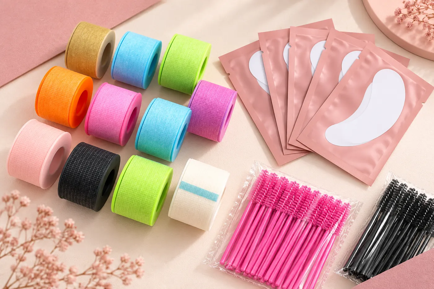 Separated tape rolls, pink under-eye-pad sachets and disposable spoolie brushes