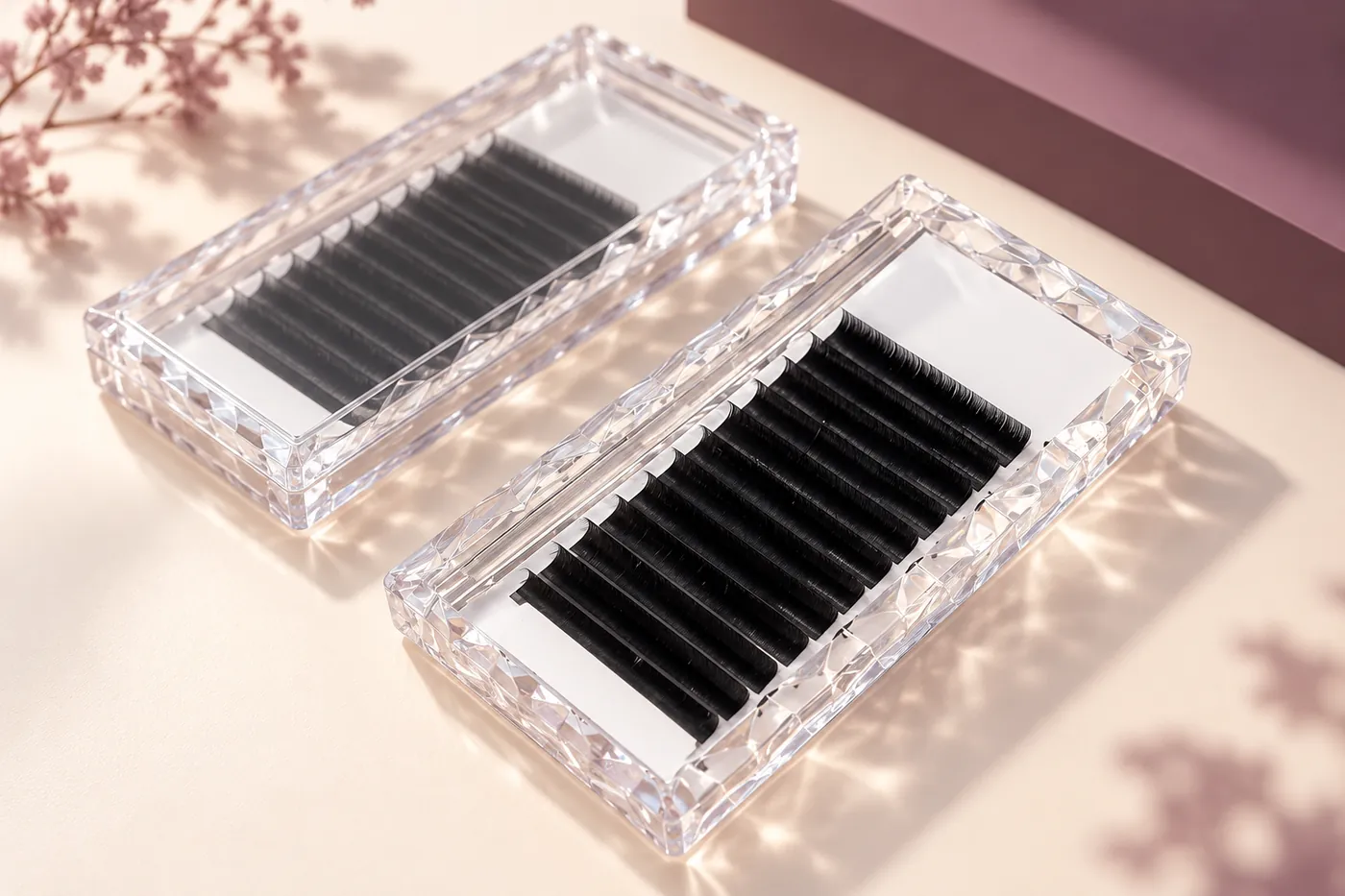 Clear faceted easy-fan lash trays with black rows and blank white cards