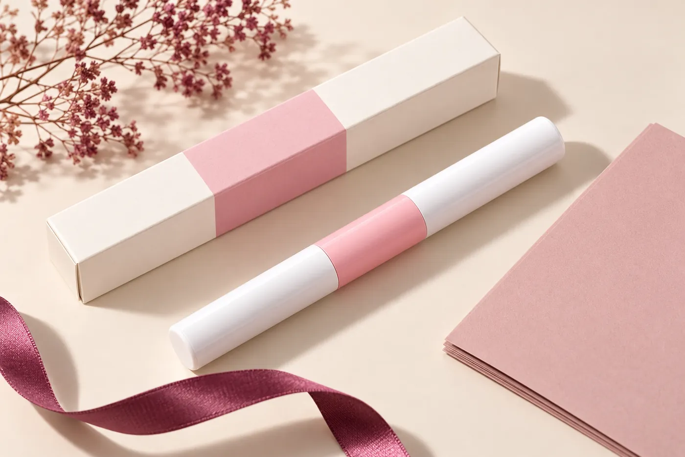 Closed pink-and-white dual-ended tube beside a blank product-information folder