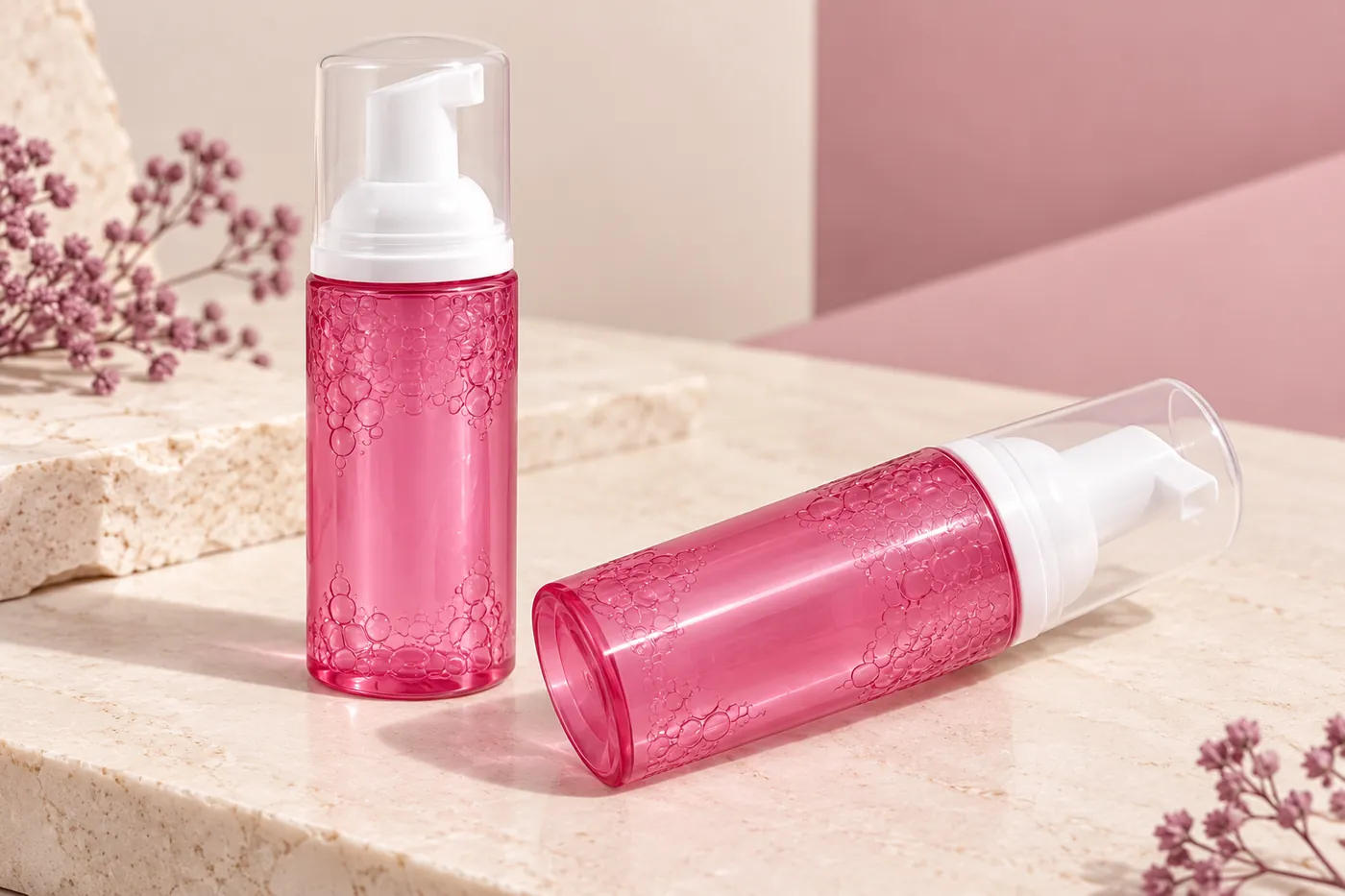 Two closed pink pump bottles showing their dispenser and clear caps