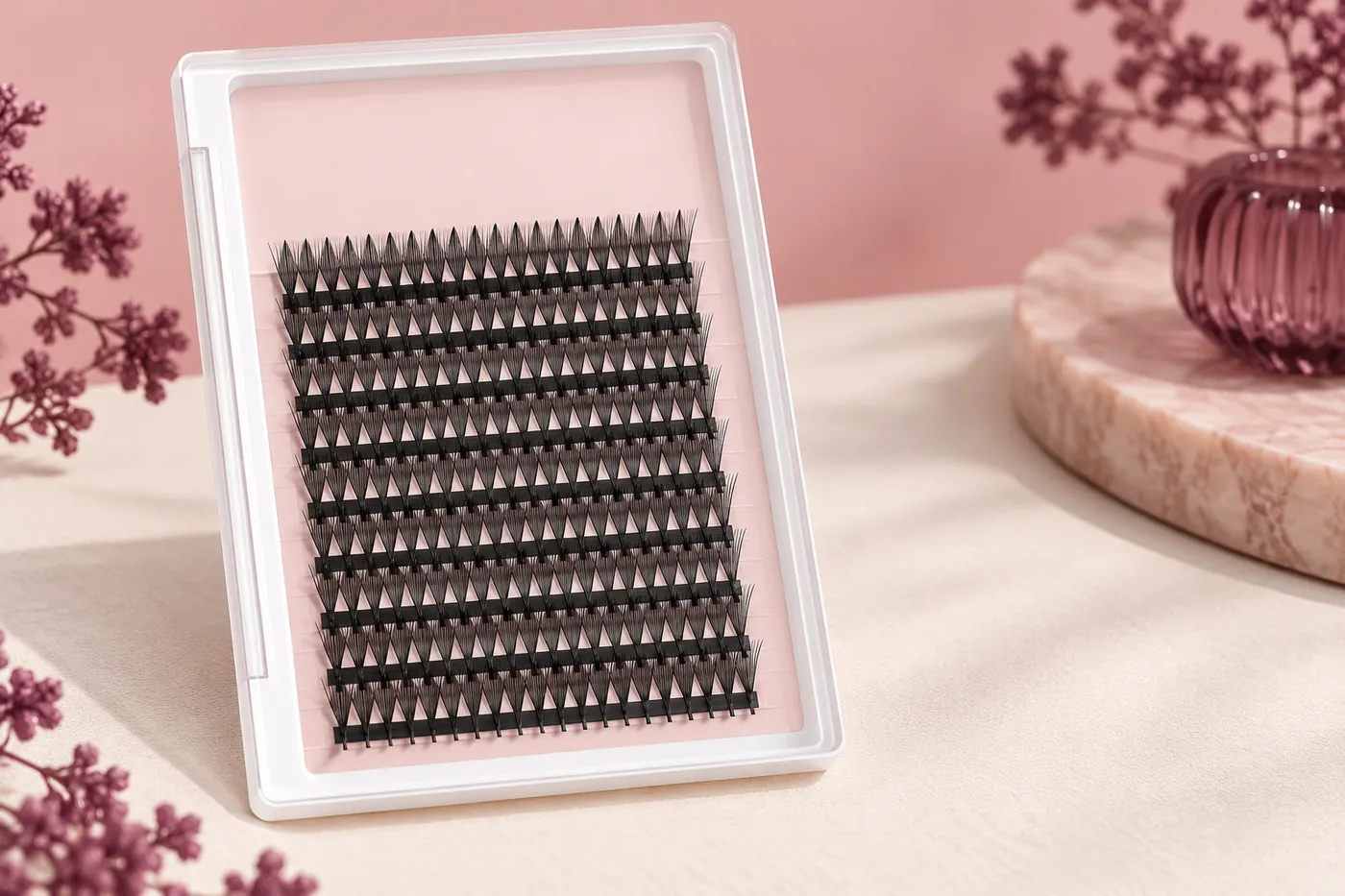Close view of fine tapered black spire units on a pink-backed tray