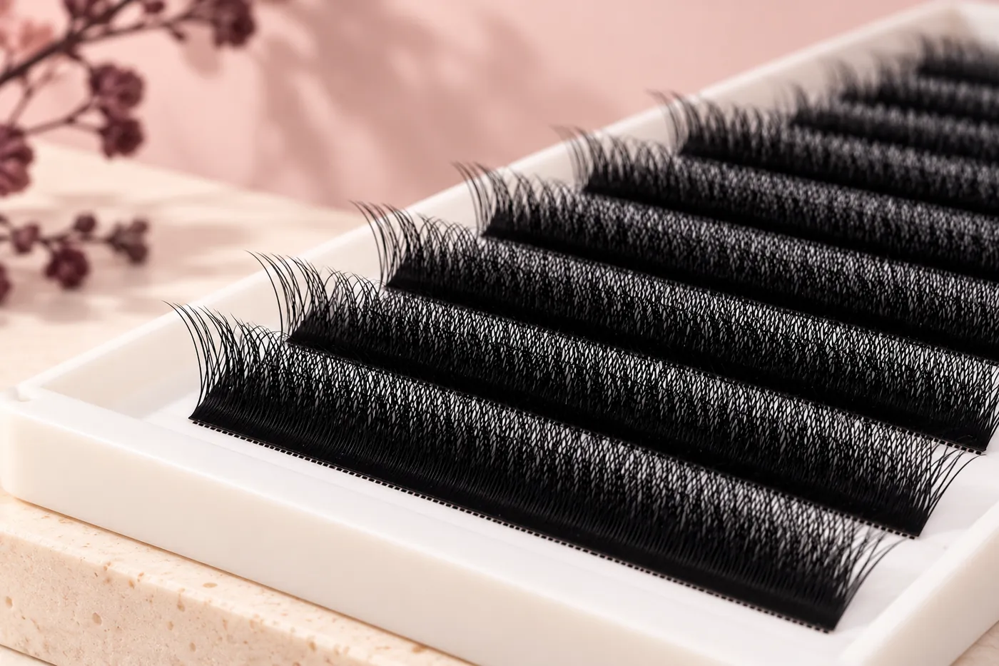 Close side view of black forked lash rows on white strips