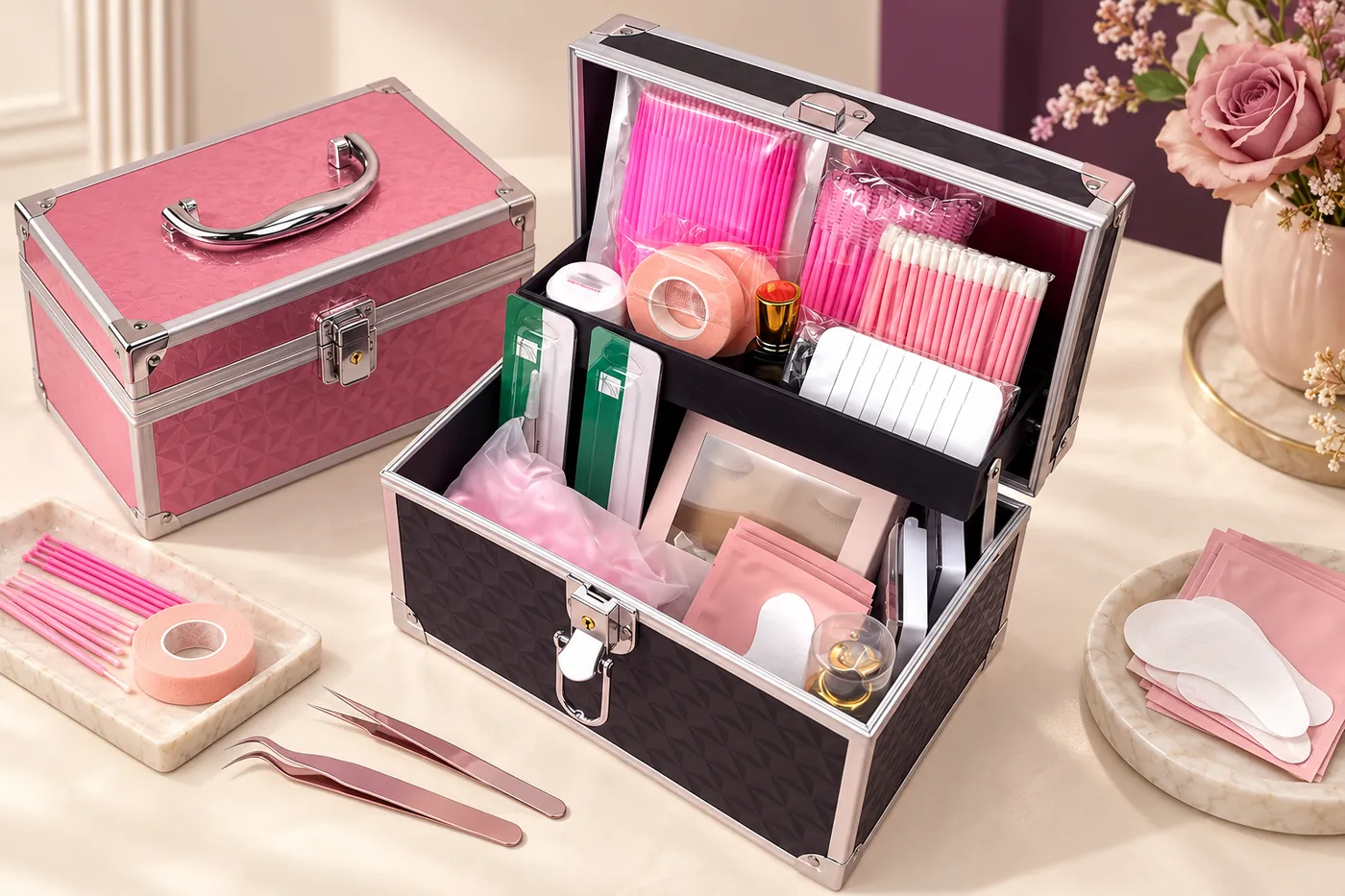 Open pink-and-black lash training-case reference with visible tools and supplies