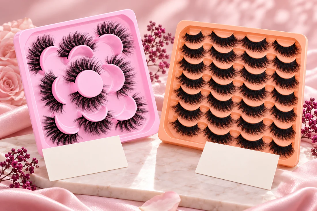 Two different full-strip lash styles on separate pink holders beside blank style cards