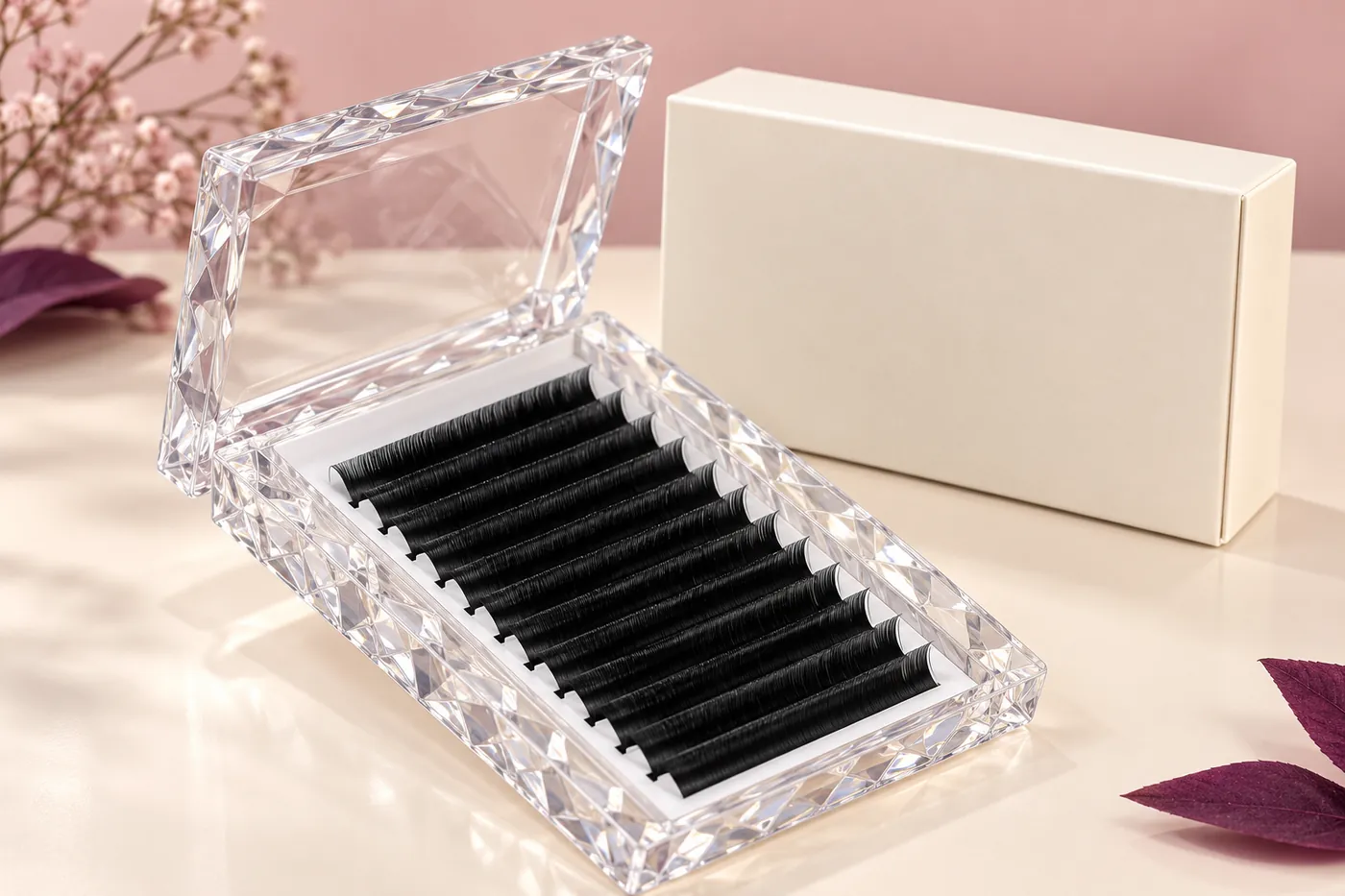 Open faceted clear lash tray with an unprinted cream carton behind it