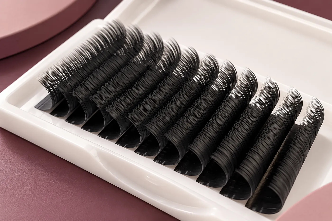 Close view of continuous easy-fan lash rows in a white tray