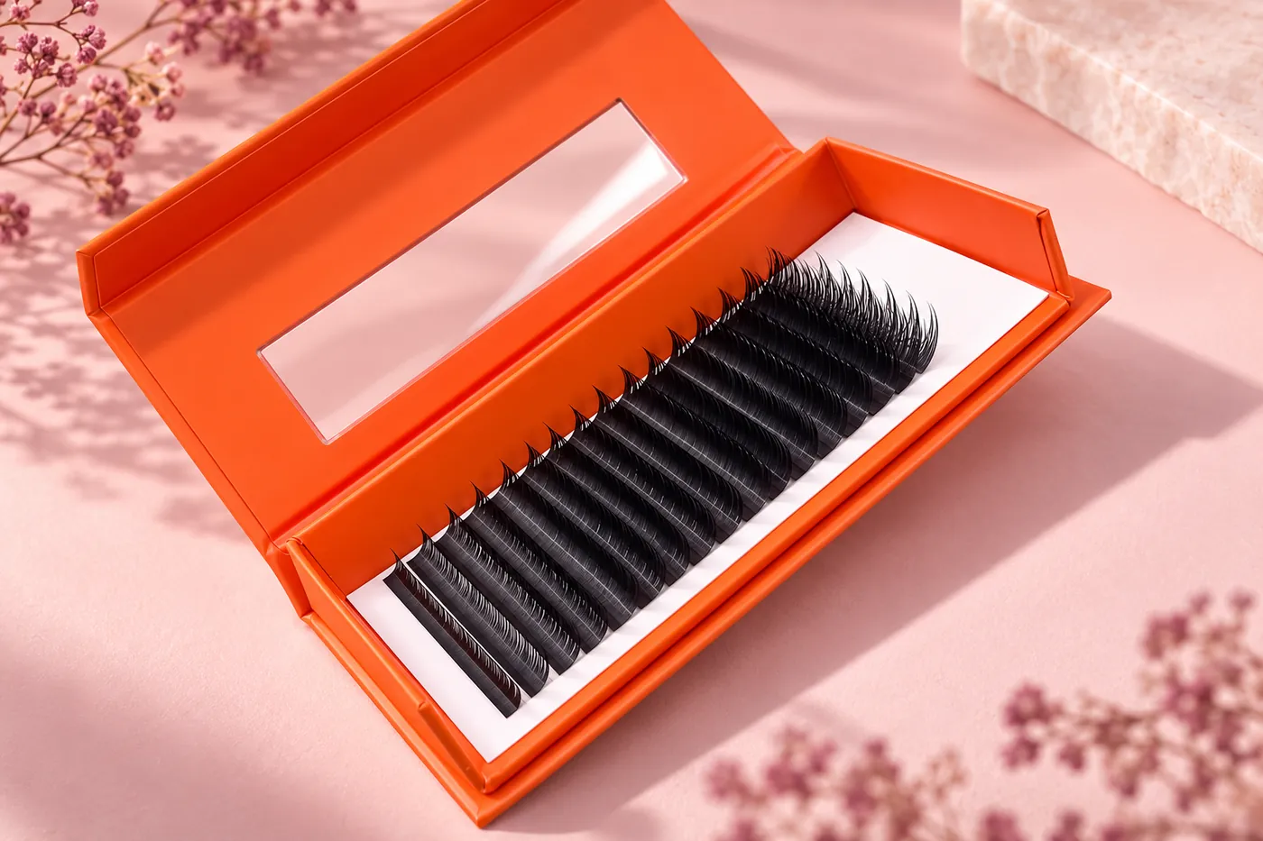 Open orange professional lash carton with continuous black individual fiber rows
