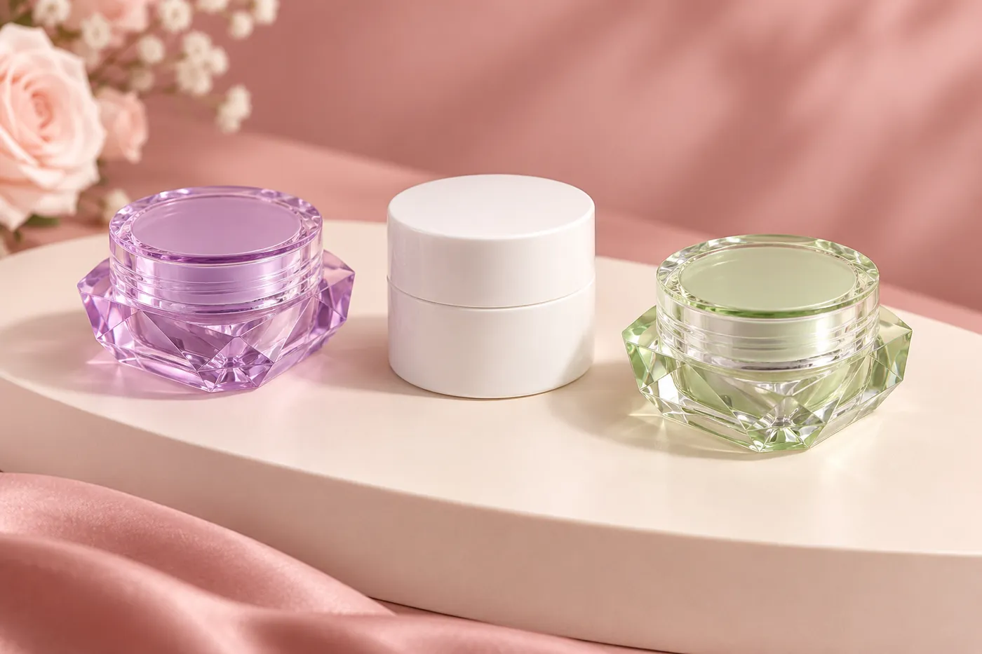 Closed white, lilac and green remover jars in a product comparison arrangement