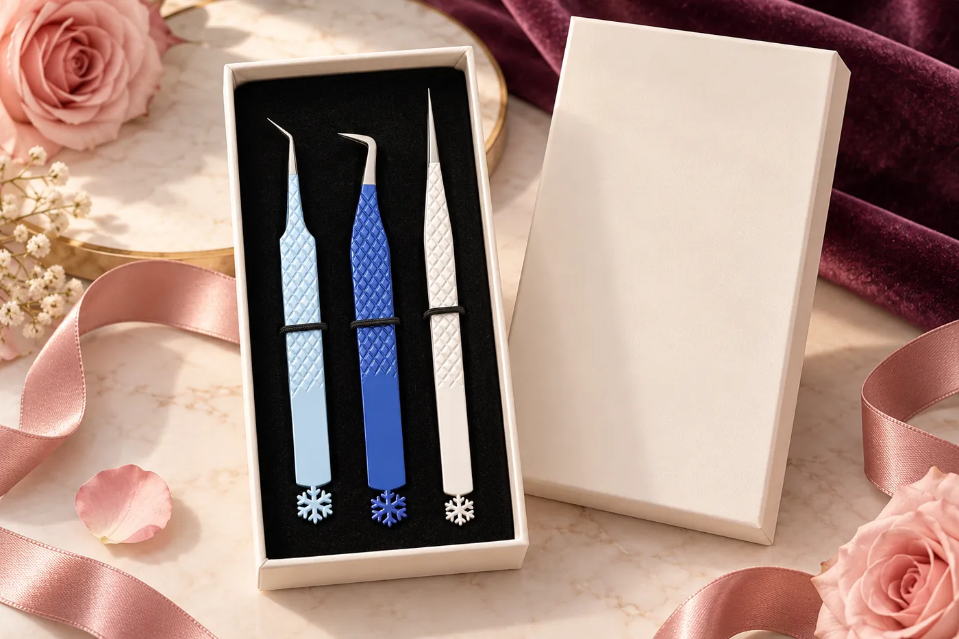 Three blue and white precision tweezers in a storage-box reference