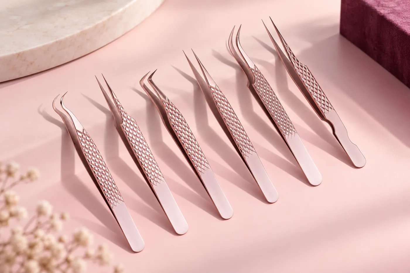 Close view of rose-gold textured lash tweezers with distinct angled tips