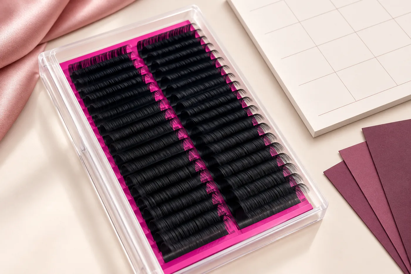 Professional pink lash trays beside blank calendar and planning cards