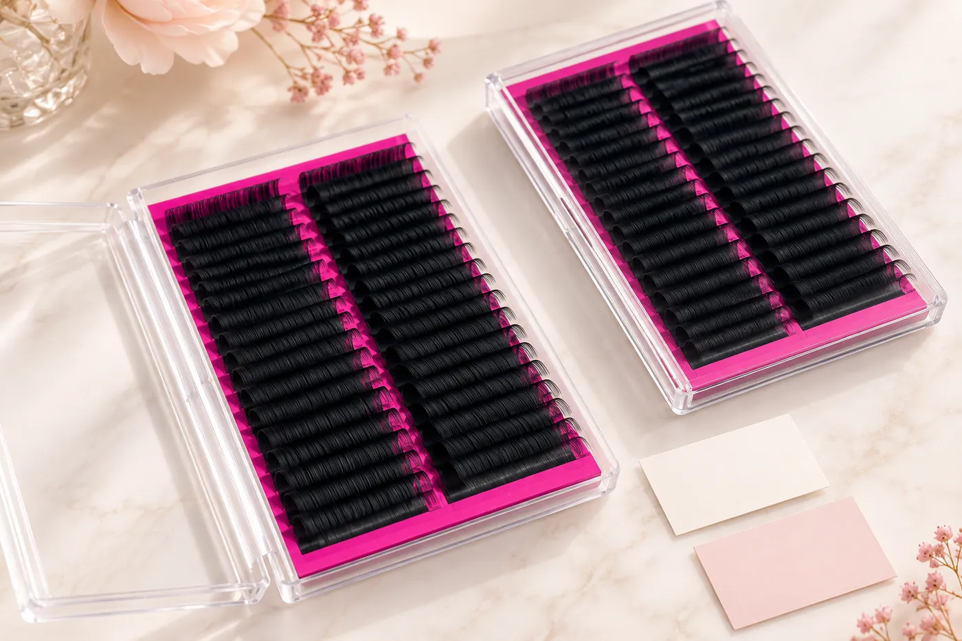 Open and closed professional lash trays beside two blank sample reference cards