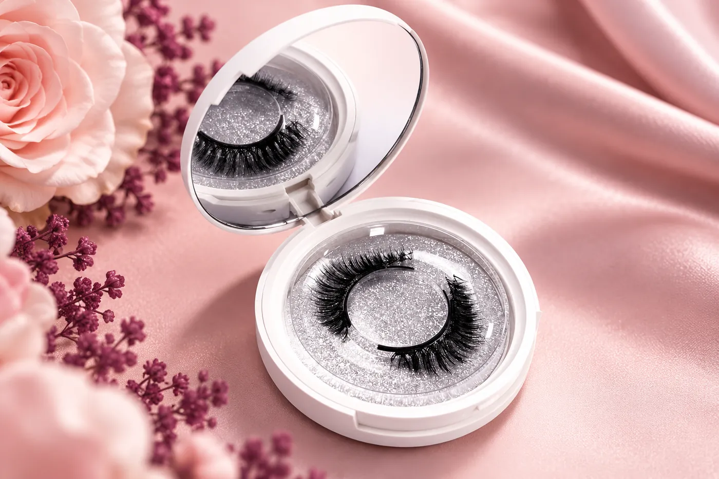 Open white round compact with mirrored lid and curved black magnetic lash pair