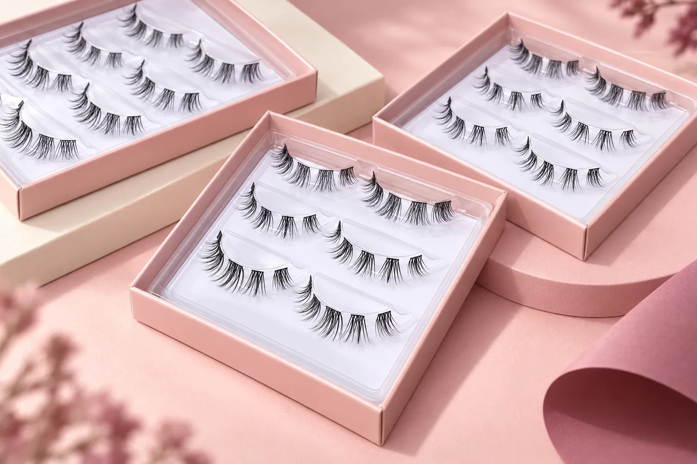 Separate three-row DIY cluster lash trays arranged on a staging surface