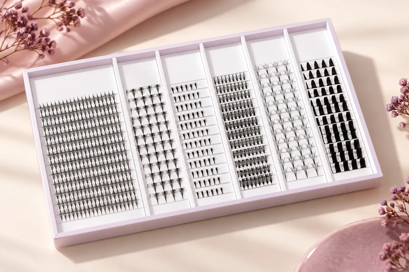 Pale-purple-bordered tray with spaced tapered tower lash units