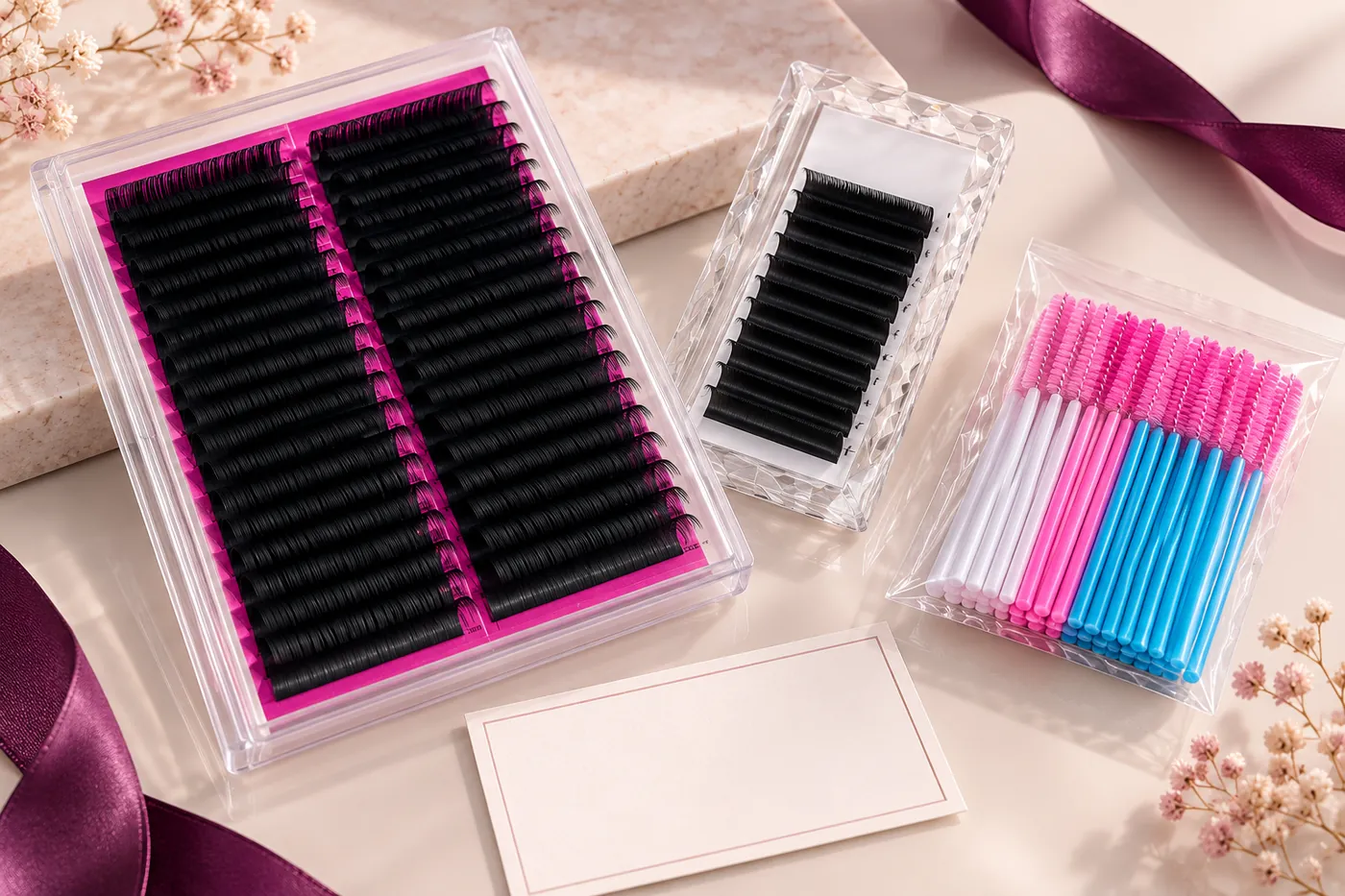 Two professional lash tray formats and separate spoolie supplies on a salon sourcing desk