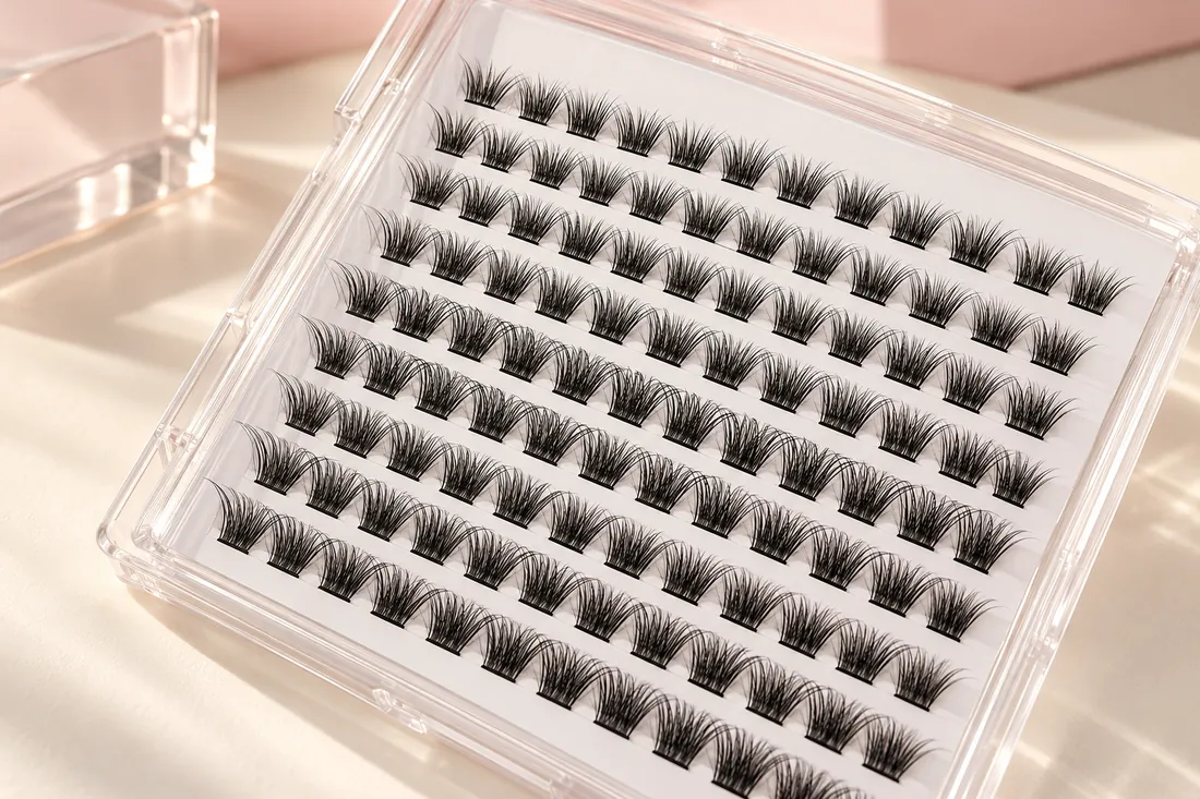Clear case with a larger white insert of separated wispy cluster lashes and no accompanying tools