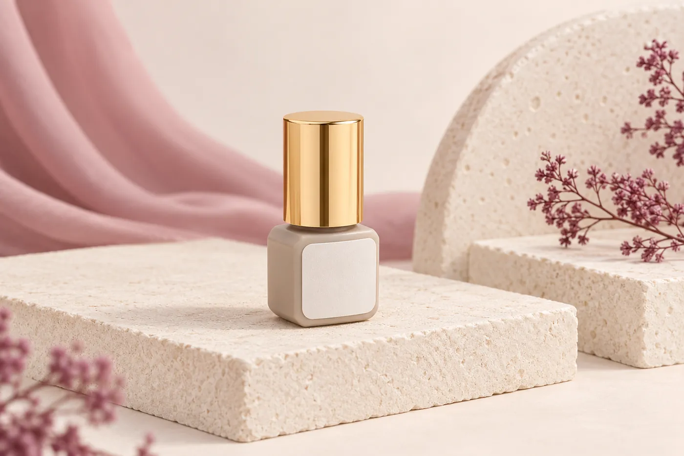 Closed square light-colored adhesive bottle with a gold cylindrical cap