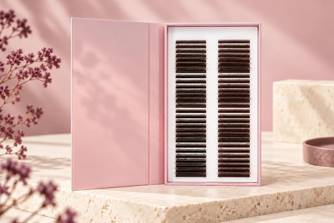 Brown individual lash tray with a pale pink sleeve on cream stone