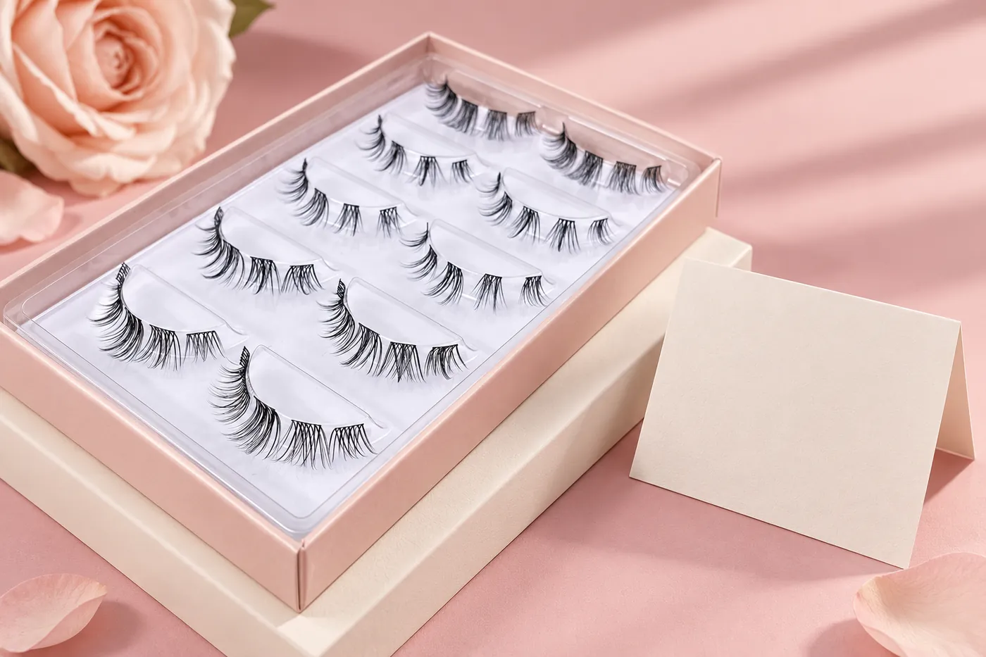 Three-row DIY cluster lash tray beside a blank product-review card