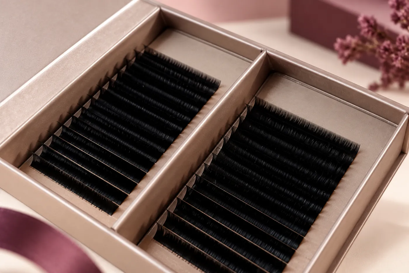 Oblique close view of fine curved black lash rows on a taupe tray insert