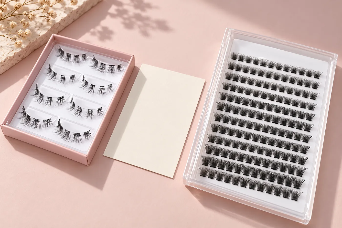 Two different cluster lash trays displayed separately with a blank reference card