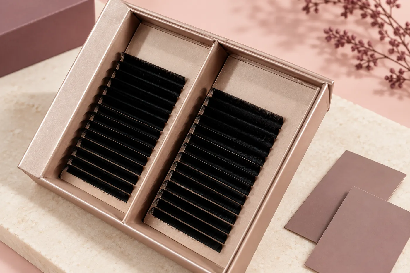Two continuous-row lash trays aligned beside blank variant cards
