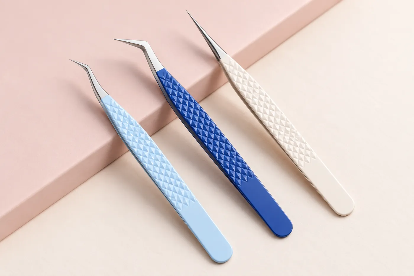 Three precision lash tweezers with light blue, blue and ivory textured handles
