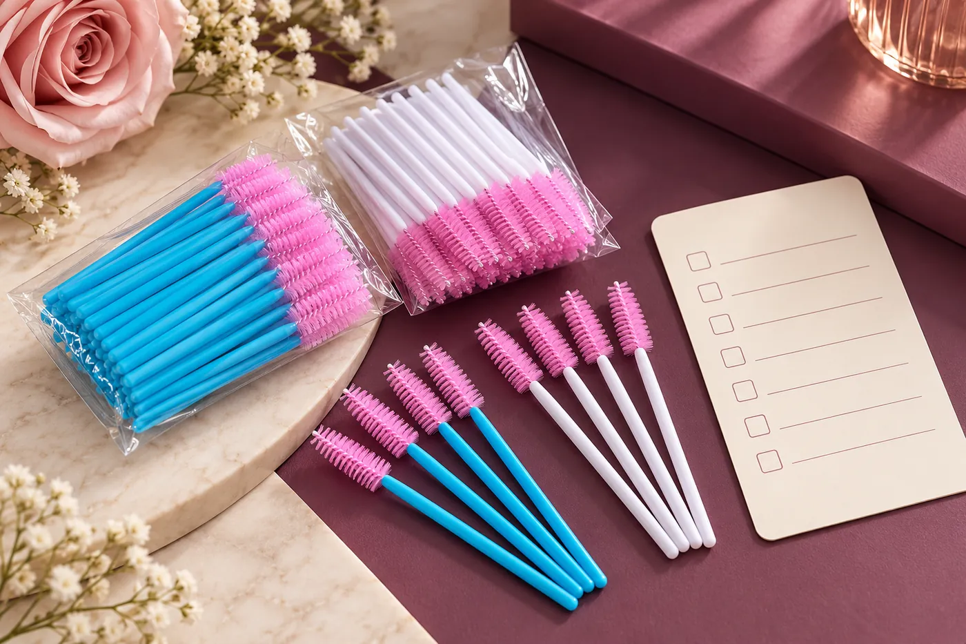 Pink-headed spoolie wands beside a blank student-kit planning card