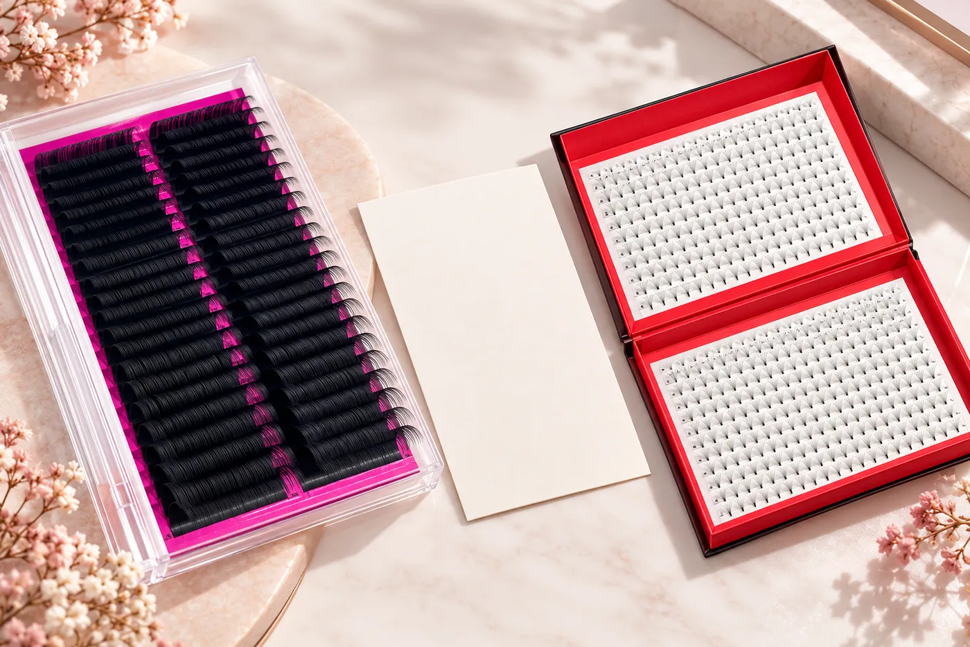 Continuous professional lash tray and separate premade fan trays beside a blank reference card