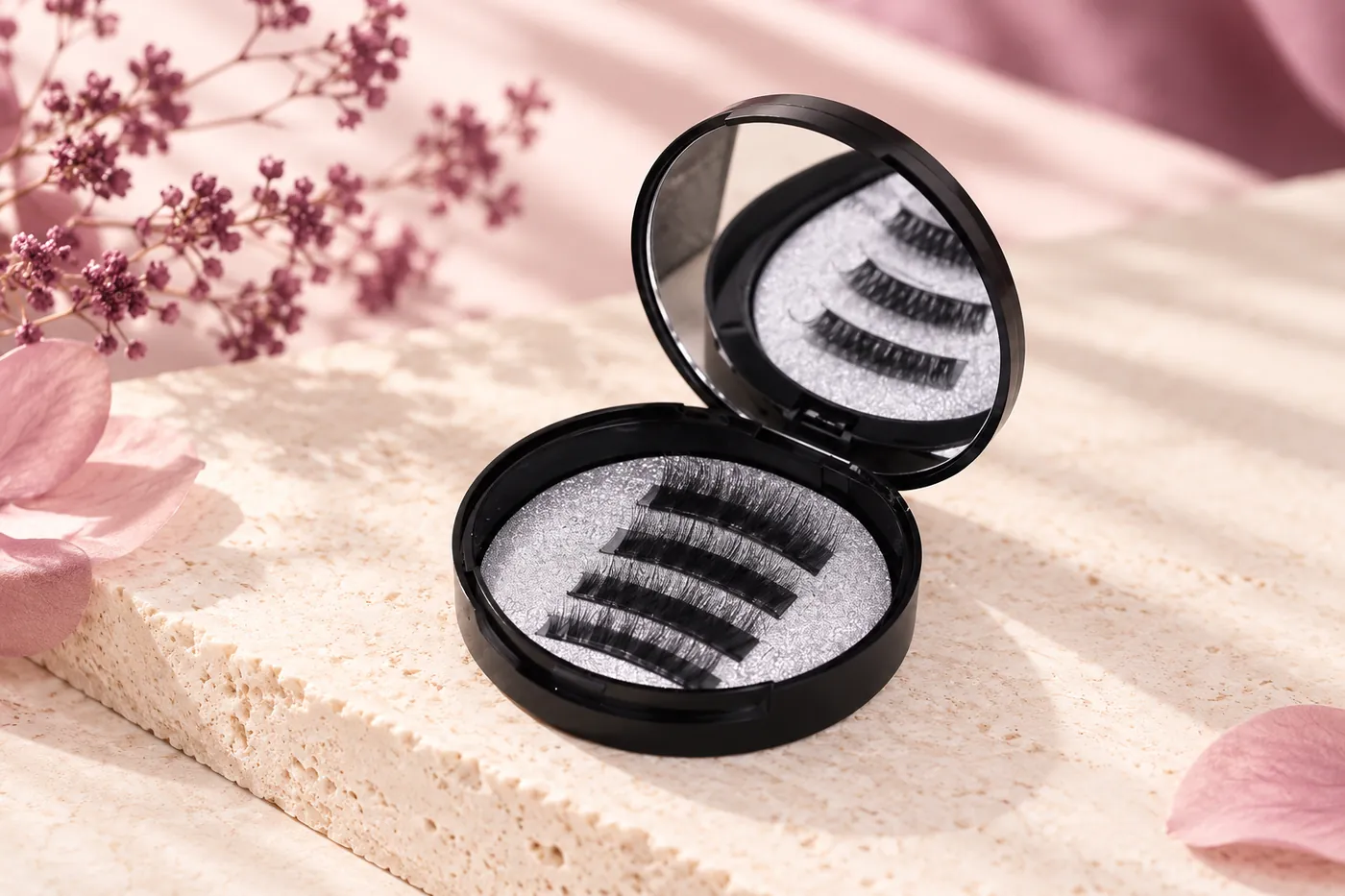 Black mirrored round compact containing magnetic lash strips on a silver-textured insert