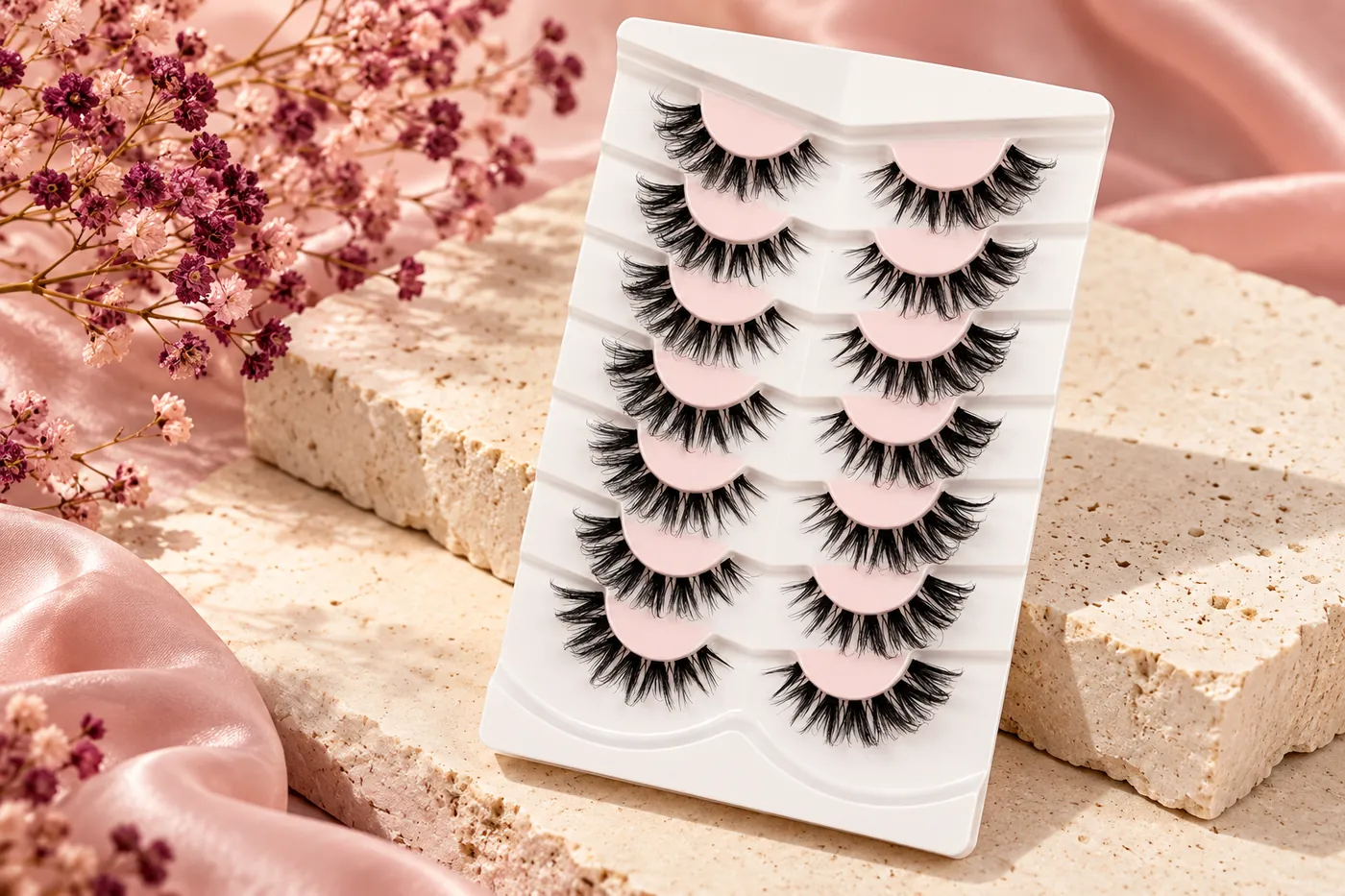 Tray of shorter half-eye lash pairs on pale crescent holders