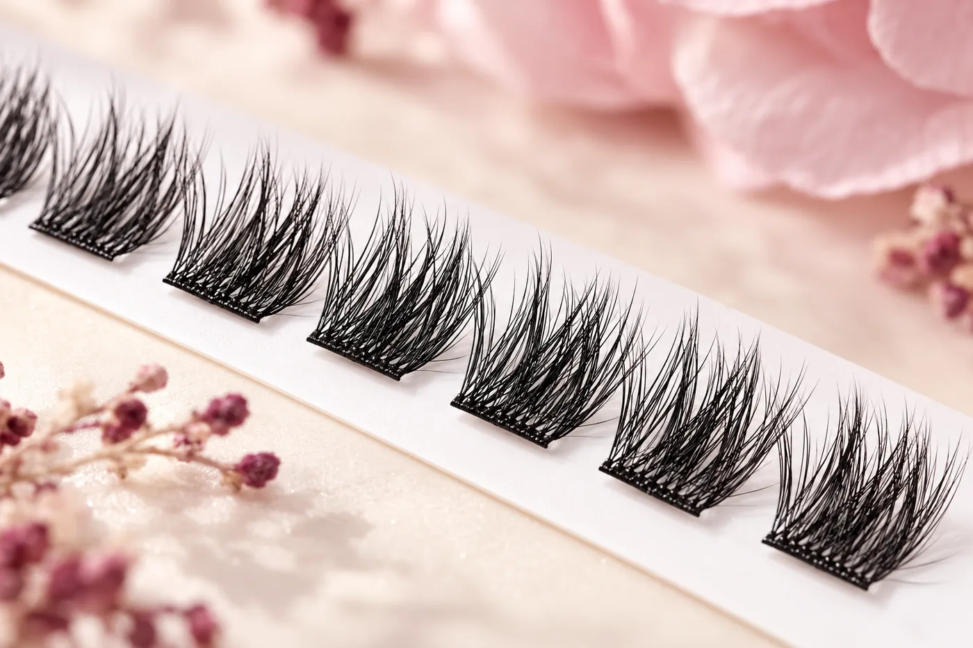 Fine segmented cluster lashes aligned along a plain reference strip