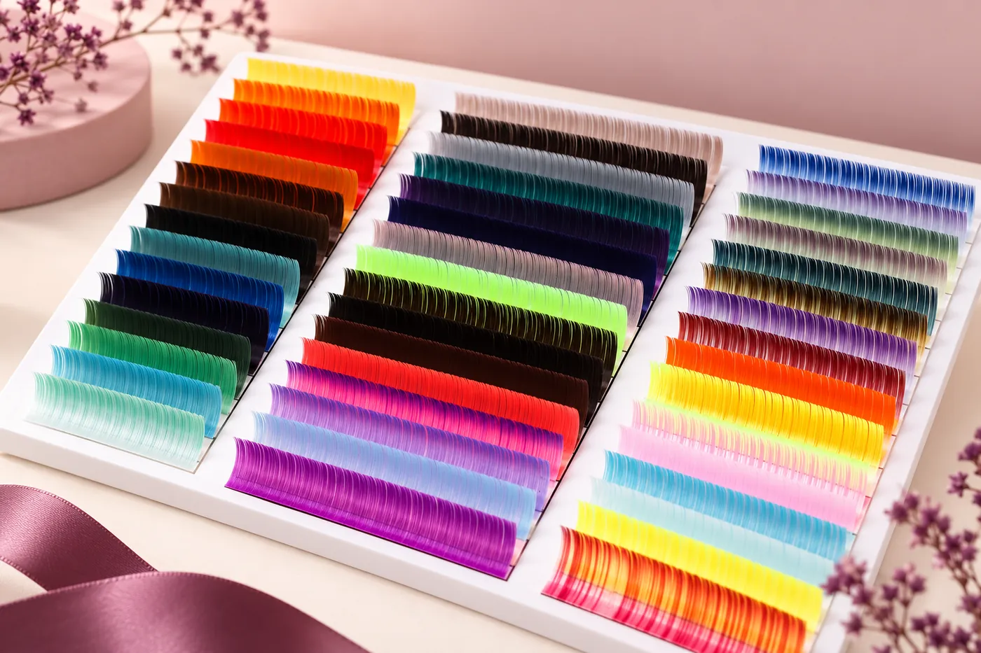 White sample card holding rows of varied colored professional lash fibers