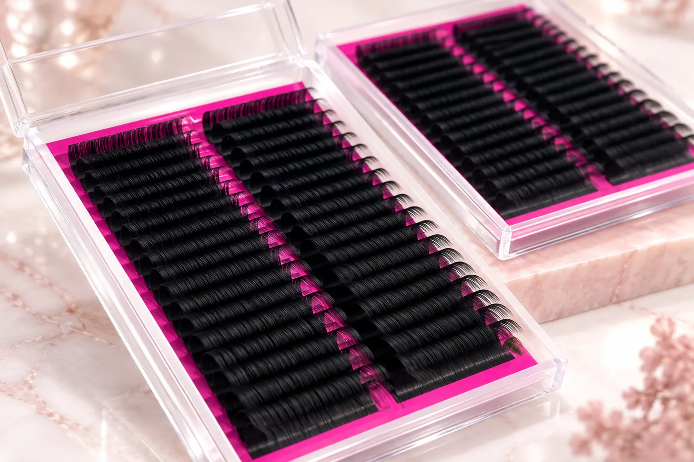 Pink-backed professional lash trays with aligned black curled rows