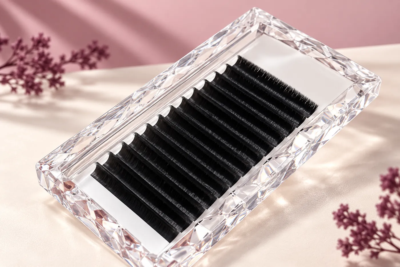 Close view of curled black rows and the faceted edge of a clear easy-fan tray