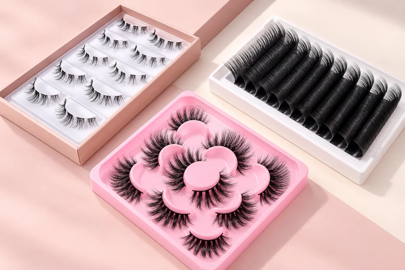 Professional lash tray, segmented DIY clusters and full-strip pairs arranged for range planning