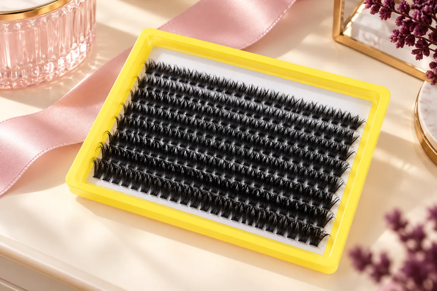 Yellow-edged cluster tray displayed alone on an ivory desk