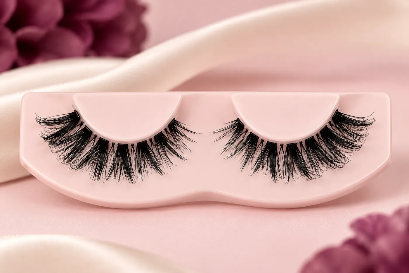 Mirrored pair of shorter wispy half-eye lashes on a pale pink holder