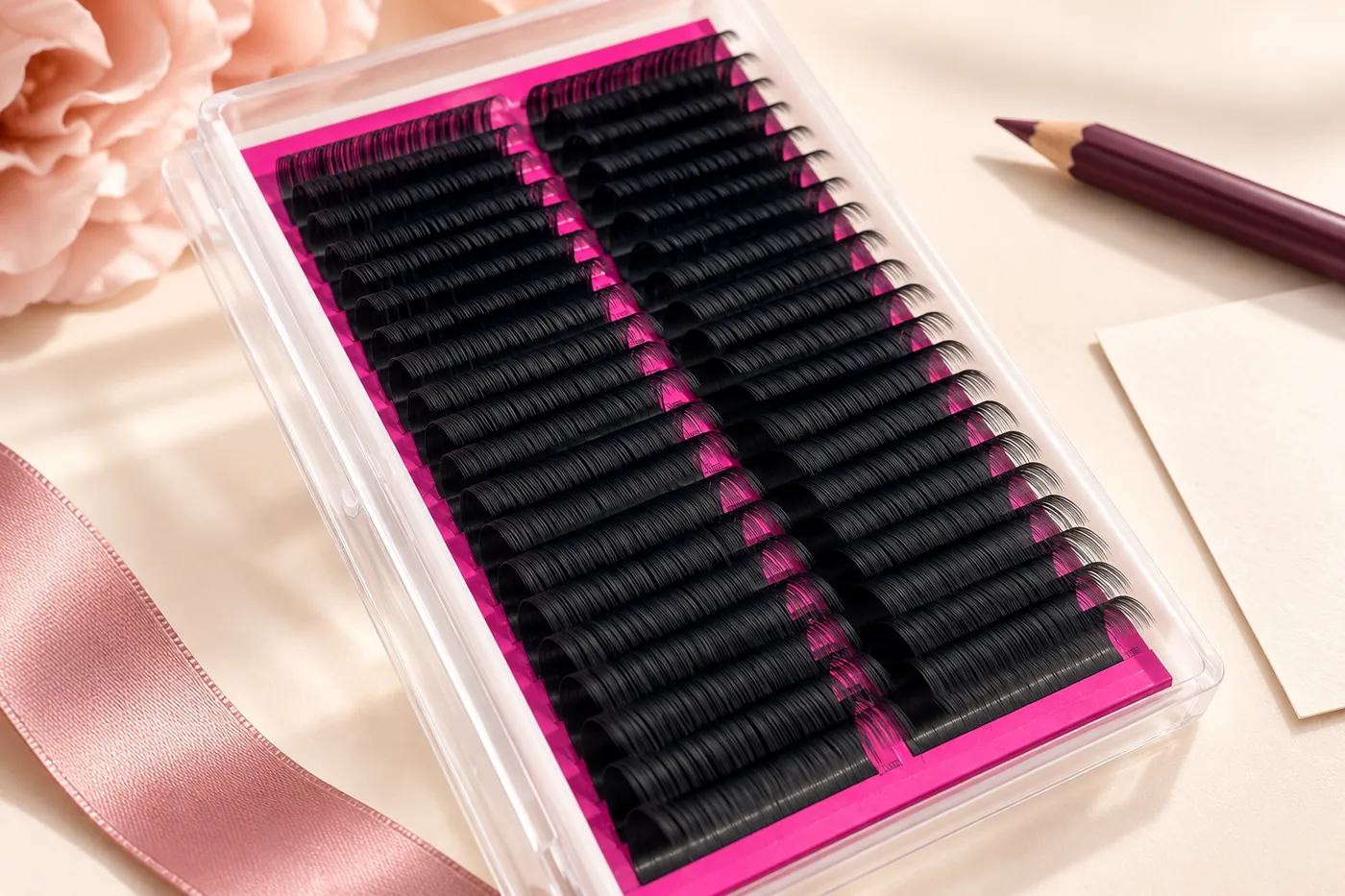 Close view of continuous professional lash rows in a pink-backed tray