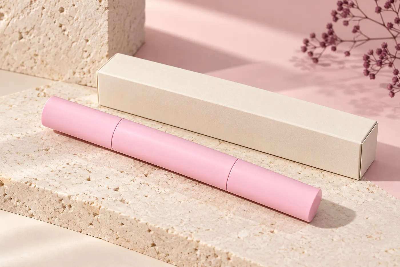 All-pink closed dual-ended tube beside a plain cream carton