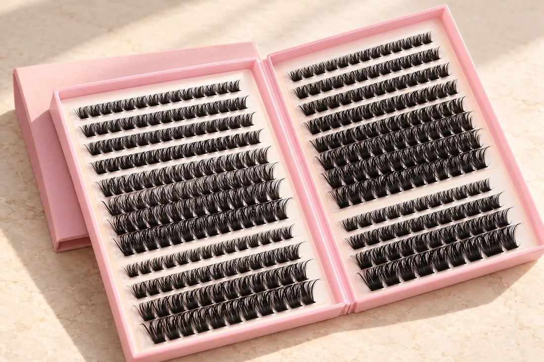 Open pink book-format pack with facing inserts of separated black cluster lashes