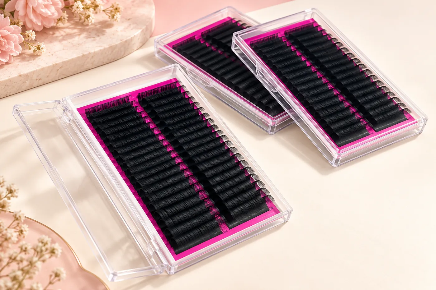 Professional black lash trays with pink backing arranged for an assortment review